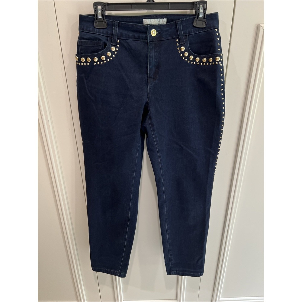 Bostonโ Proper Gold Studded Dark Wash Blue Jeans Pants Elevated Western Glam